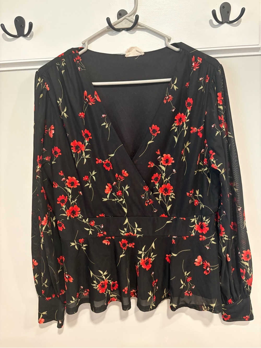 Black Floral Surplice Peplum Blouse with Red Flower Print